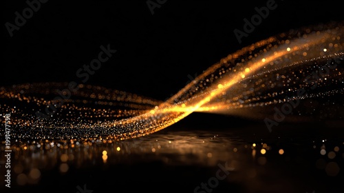 Abstract gold wave with glittering particles on dark background for design