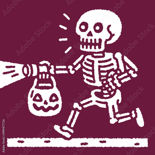 Vintage engraved illustration of a playful skeleton carrying a pumpkin during a spooky Halloween night