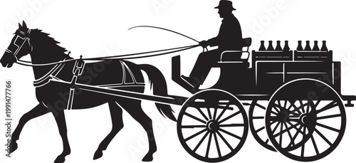 Black horse drawn carriage, vintage cart, silhouette illustration, horse and buggy