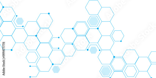 Molecular structure abstract tech background. Geometric blue background. Vector banner design with hexagons. Science network pattern, connecting lines and dots Medical background, Vector illustration.