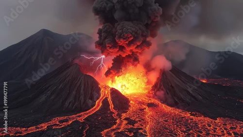 Active Volcanic Eruption with Lightning