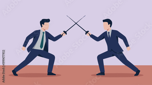 Εκτύπωση καμβά Businessmen fencing with swords, symbolizing competition and corporate rivalry