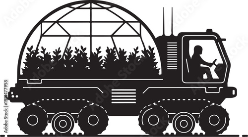 Black, industrial, vector truck, transporting trees, greenhouse dome, heavy machinery