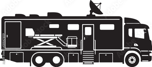 Motorhome RV, recreational vehicle, black silhouette, vector illustration, travel trailer