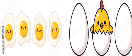 Cute egg transformation to chick illustration, kawaii fried eggs and hatching chicken concept, food and life cycle cartoon vector for kids education and fun design