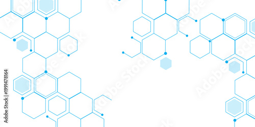 Molecular structure abstract tech background. Geometric blue background. Vector banner design with hexagons. Science network pattern, connecting lines and dots Medical background, Vector illustration.