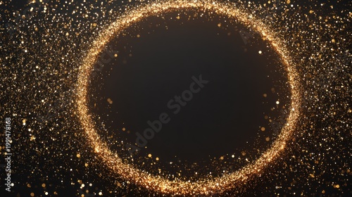 Glittering golden particles forming a circular frame against a dark background