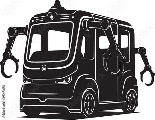 Robotic bus, futuristic vehicle, black illustration, white outline, transportation concept