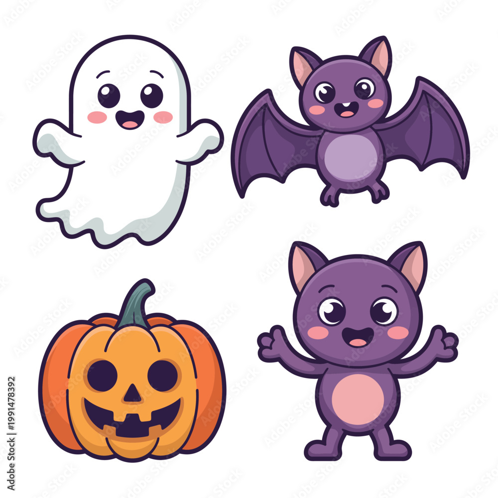 Fototapeta premium Cute halloween set with ghost, flying bat, standing bat, and jack-o'-lantern pumpkin