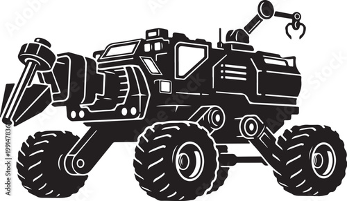 Black, industrial, robotic vehicle, heavy machinery, construction equipment, vector illustration
