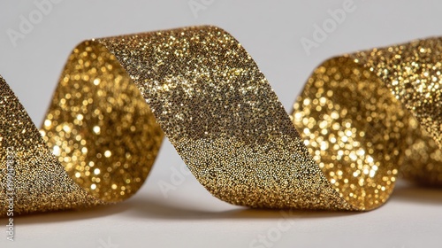 Glittering golden ribbon with sparkling texture on a blurred white background