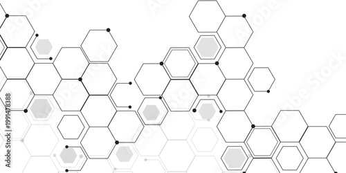 Molecular structure abstract tech background. Geometric white background. Vector banner design with hexagons. Science network pattern, connecting lines and dots Medical background, Vector illustration