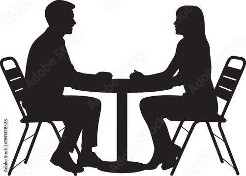 Silhouette of a couple having a coffee date at a table.  Conversation or Dating Scene Vector.