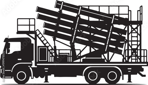 Black silhouette of construction truck with scaffolding, industrial vehicle, heavy equipment, building transport