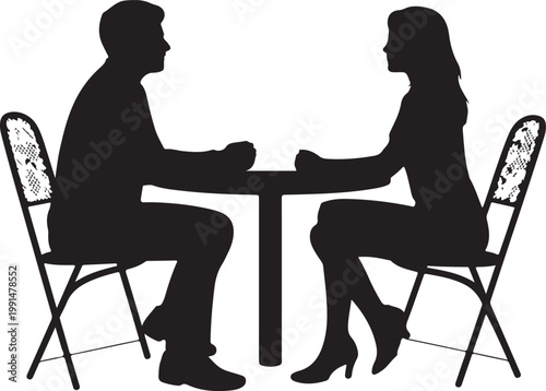 Silhouette of a couple having a coffee date at a table.  Conversation or Dating Scene Vector.