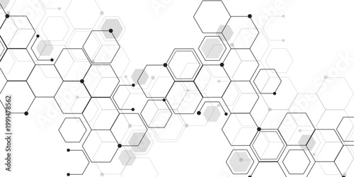 Molecular structure abstract tech background. Geometric white background. Vector banner design with hexagons. Science network pattern, connecting lines and dots Medical background, Vector illustration