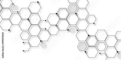 Molecular structure abstract tech background. Geometric white background. Vector banner design with hexagons. Science network pattern, connecting lines and dots Medical background, Vector illustration