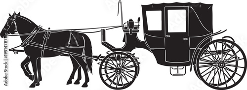 Vintage horse-drawn carriage, black silhouette, vector illustration, horse and buggy, transportation icon