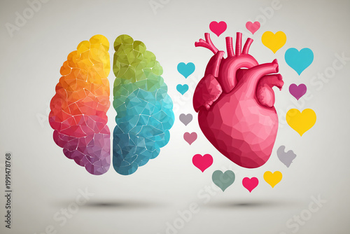 Colorful low poly illustration of human brain and heart icons representing the balance between logic, emotion, and mental health.
