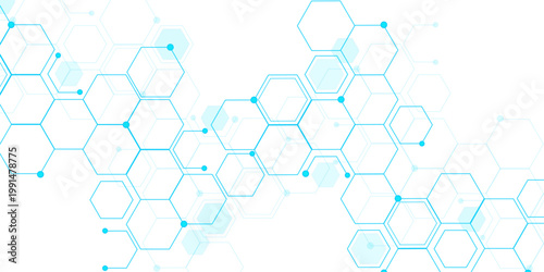 Molecular structure abstract tech background. Geometric blue background. Vector banner design with hexagons. Science network pattern, connecting lines and dots Medical background, Vector illustration.