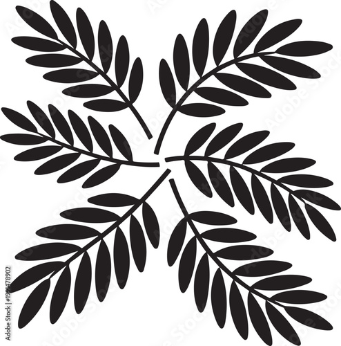 Symmetrical botanical pattern featuring six stylized palm leaves arranged in a circular formation