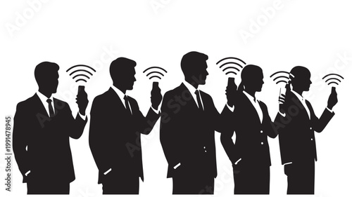 Business people with wireless communication network silhouette vector