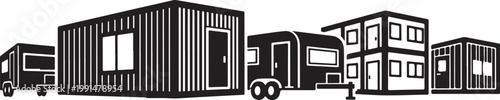 Modular homes, shipping container houses, mobile buildings, black and white illustration