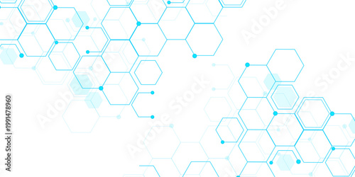 Molecular structure abstract tech background. Geometric blue background. Vector banner design with hexagons. Science network pattern, connecting lines and dots Medical background, Vector illustration.
