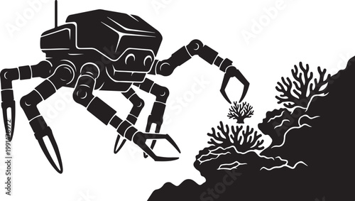 Robotic crab, mechanical sea creature, black vector illustration, futuristic animal design, white background