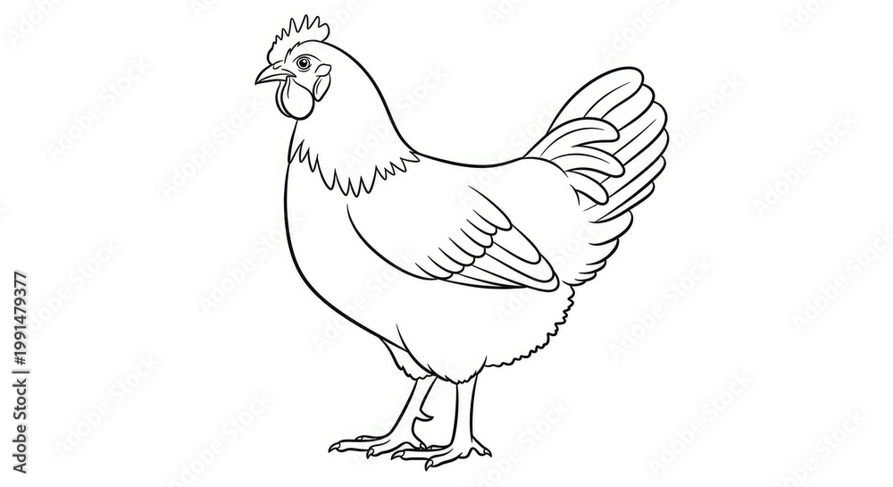 Fototapeta premium A chicken stands proudly. The chicken has a comb and wattle.