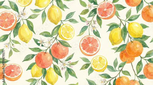 A vibrant pattern of citrus fruits and leaves on a white background