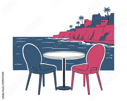 Coastal Terrace Illustration with Table and Chairs overlooking the Sea