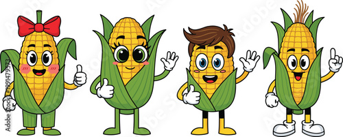 Cute corn mascot characters collection with different expressions and styles, kawaii maize cartoon set for kids, agriculture food illustration for branding and playful design