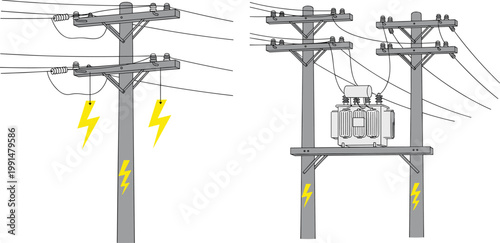 Electric power poles with transformer and high voltage lines illustration, electricity distribution infrastructure concept, utility transmission system vector for energy and engineering design