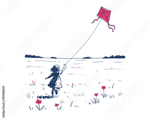 Hand-Drawn Illustration of Girl Flying a Kite in a Meadow
