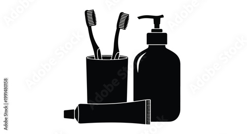 Black silhouette of toothbrushes in a holder with toothpaste and soap
