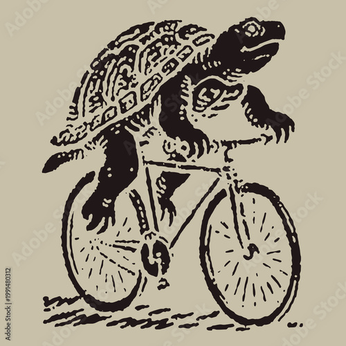 Vintage bicycle riding turtle engraving with a humorous twist perfect for t-shirt lovers who enjoy playful designs