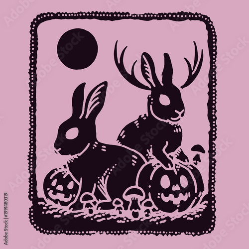 Charming vintage engraving of rabbits celebrating Halloween with pumpkins and mushrooms under the moonlight