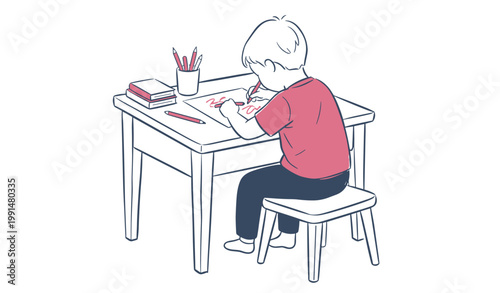 Schilderij op canvas Minimalist Illustration of a Little Boy Drawing at a Desk