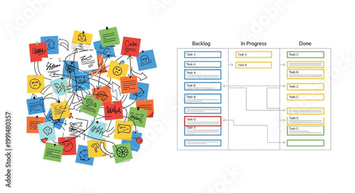 Colorful workflow diagram icons, business process management symbols, productivity workflow vector set, office organization graphics