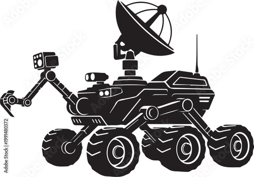 Robotic Mars Rover, Space Exploration Vehicle, Black Vector Illustration, Satellite Dish Antenna