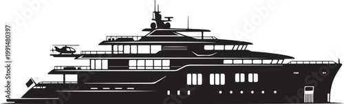 Luxury yacht, mega yacht, boat, vessel, nautical, black and white, vector illustration, ship, sailing, maritime