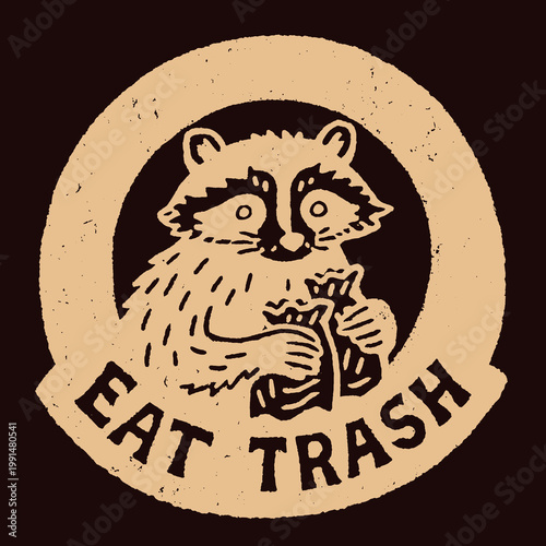 Engraved illustration of a playful raccoon with a humorous eat trash quote for vintage tee design