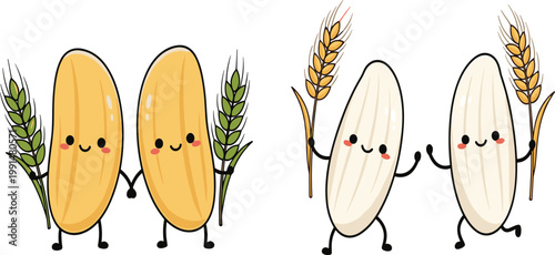 Cute rice and wheat grain characters illustration, kawaii cereal mascots with harvest concept, agriculture food cartoon vector for healthy nutrition and farming design