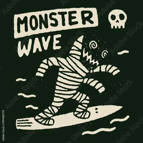Surfer tackles the spooky monster wave in a hilarious vintage print design for a fun t-shirt