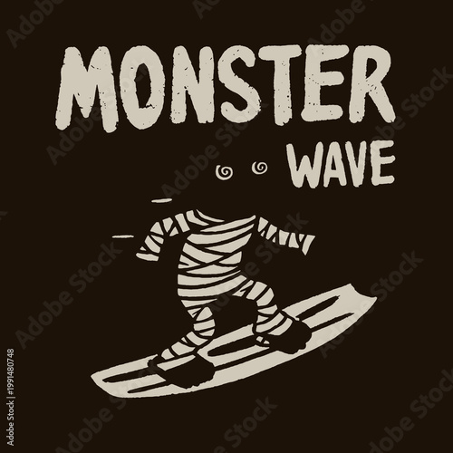 Surfer conquering monster waves in a whimsical vintage style illustration for t-shirt lovers