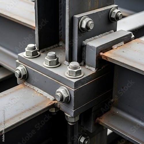 Heavy steel structural connection fastened securely with numerous bolts and washers