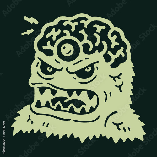 Vintage engraved illustration featuring a funny monster with a brain and a quirky expression, perfect for t-shirt designs