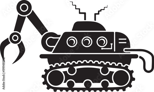 Industrial robot arm, mechanical claw, black and white icon, vector illustration, industrial automation