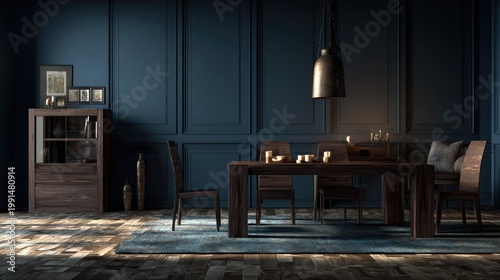 Formal dining area features dark wood furniture set against deep blue paneled walls